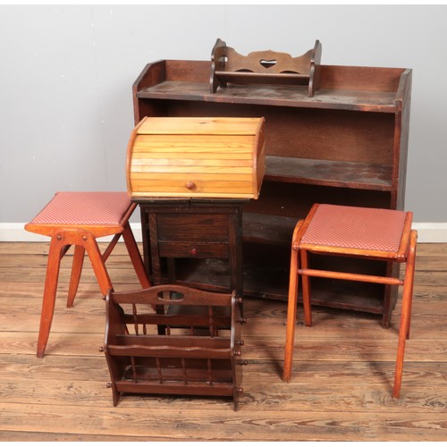 441 - A collection of assorted furniture to include sewing box with contents, upholstered stool, shelves, ... 