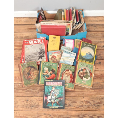 537 - A box of books and magazines. Includes Dreadstar Marvel graphic novel, Chatterbox, The War Weekly, e... 