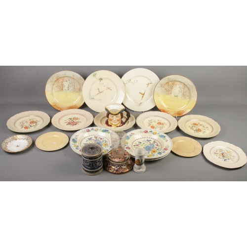 68 - A quantity of ceramics. Includes Royal Crown Derby stand, Masons plates, Royal Doulton plates, chara... 