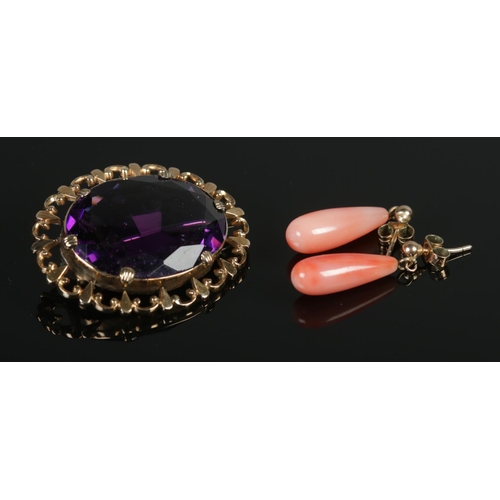 445 - A pair of 9ct Gold coral earrings, together with a Victorian yellow metal brooch. Total weight: 16.9... 