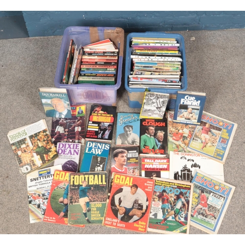 525 - Two boxes of sporting annuals and books. Includes football, cricket, boxing, etc.