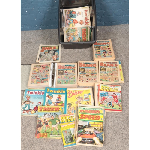 529 - A box of comics. Includes Beano, Twinkle, Speed, Victor, etc.