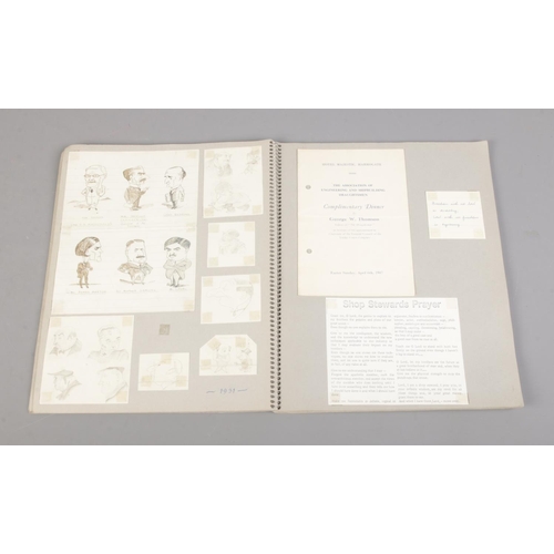 135 - A scrapbook containing 1930's/40's newspaper clippings and several hand drawn caricatures with subje... 