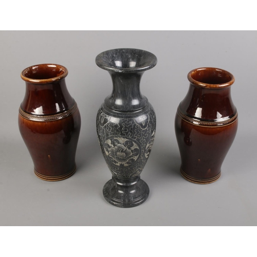 157 - Dark marble etched vase with 2 other brown glazed pots.