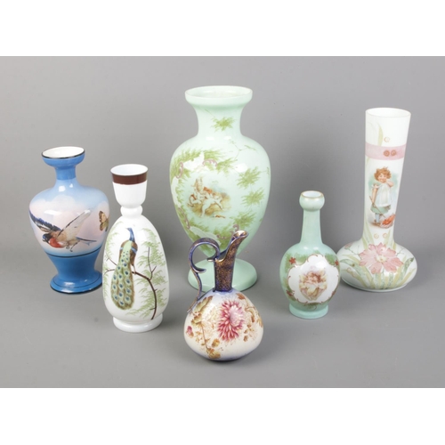 17 - A collection of Victorian coloured glassware including painted floral examples.