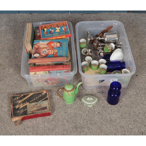 166 - Two boxes of miscellaneous to include Wedgwood, silver plate, children's annuals, etc.