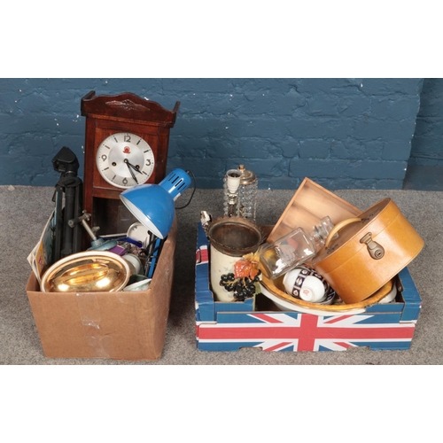 184 - Two boxes of assorted miscellaneous, to include Royal Worcester lidded tureen, table lamps, camera t... 