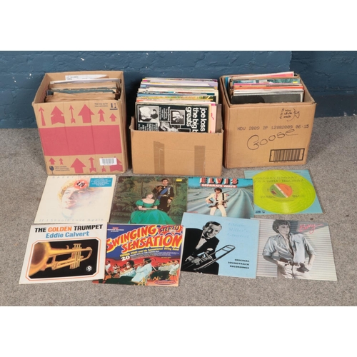 186 - Three boxes of assorted records of mainly pop, classical and easy listening including Barry Manilow,... 