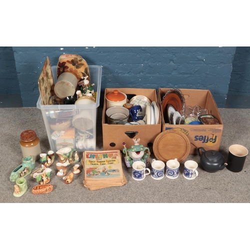 189 - Three boxes of miscellaneous. Includes Le Creuset teapot & canister, vintage tins, Mason's teacups, ... 