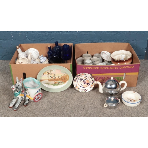 202 - Two boxes of glassware and ceramics, to include Masons, Wedgwood part tea set, German steins, Italia... 