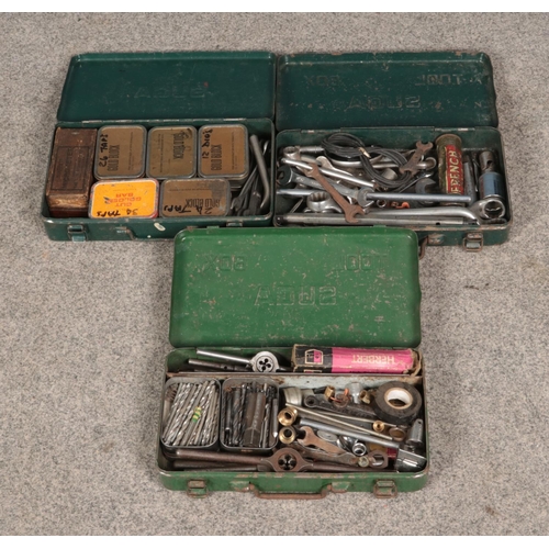 213 - Three Suga tool boxes and contents including spanners, die taps, etc.