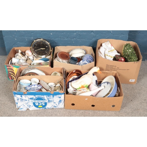 232 - Five boxes of miscellaneous; to include blue and white ceramics, duck light (missing plug), linen an... 