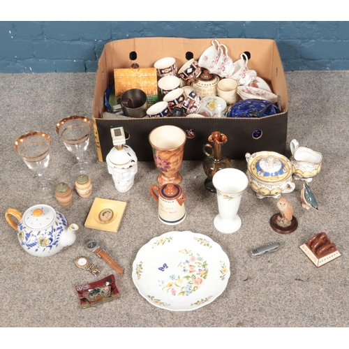 233 - A box of miscellaneous. Includes 19th century sucrier along with matching cream jug possibly Spode, ... 