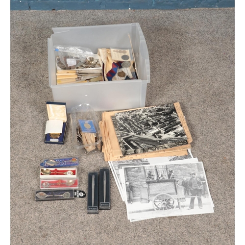 235 - A box of assorted collectables including Parker pens, souvenir spoons, commemorative medallions, vin... 