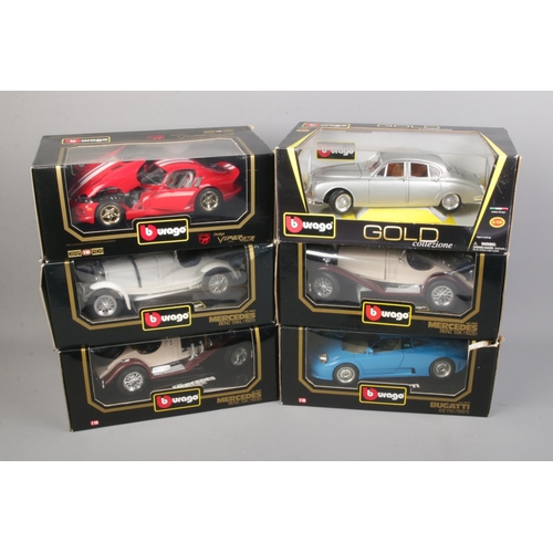 270 - Six boxed Burago 1/18 scale diecast vehicles including Dodge Viper Coupe, Bugatti EB110, Mercedes Be... 