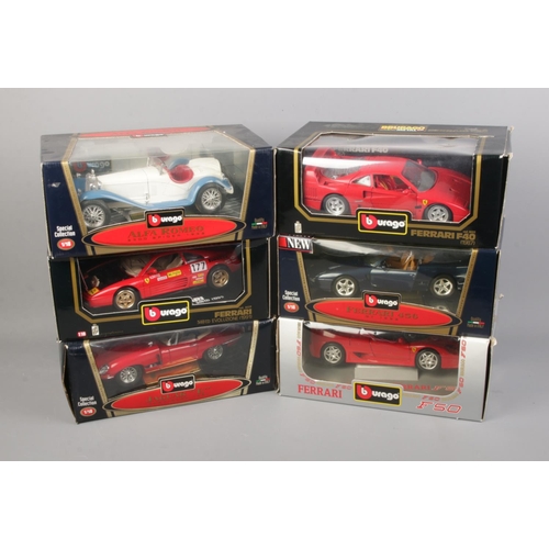 271 - Six boxed Burago 1/18 scale diecast cars including Ferrari F50, Alfa Romeo 2300 Spider, Jaguar 