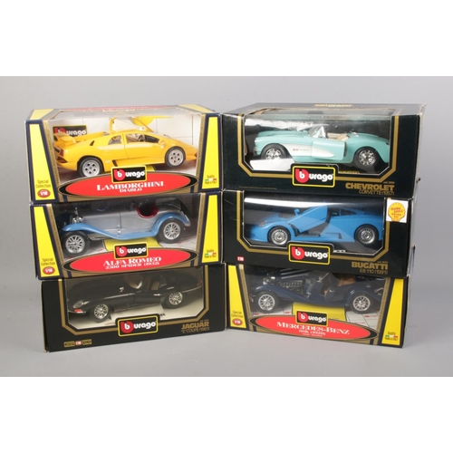 275 - Six boxed Burago 1/18 scale diecast cars including Jaguar E Coupe, Lamborghini Diablo, Chevrolet Cor... 