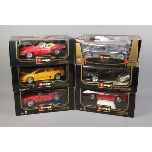 277 - Six boxed Burago 1/18 scale diecast cars including Ferrari GTO, Lamborghini Countach, Lancia Aurelia... 