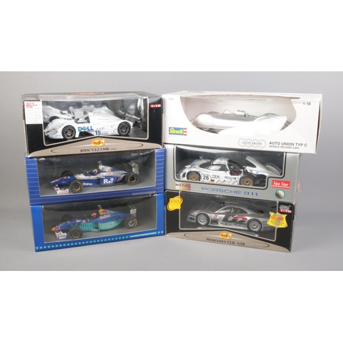 281 - Six boxed 1/18 scale diecast racing cars including Revell Union Type C, Sun Star Porsche 911, Sauber... 