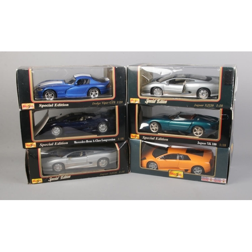 282 - Six boxed Maisto Special Edition 1/18 scale diecast cars including Jaguar XK 180, Dodge Viper GTS, M... 