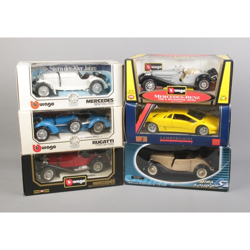 284 - Six boxed 1/18 and 1/20 scale diecast cars including Burago Mercedes Benz 500K Roadster, Maisto Lamb... 