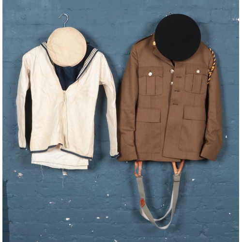 285 - A No.2 Dress Army jacket and trousers, together with a vintage sailor's uniform; the trousers writte... 