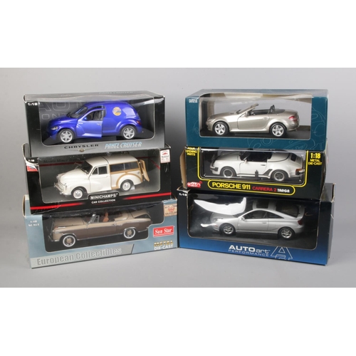 288 - Six boxed 1/18 scale diecast cars including Sunstar Mercedes Benz 220SE, Anso Porsche 911, Auto Art ... 