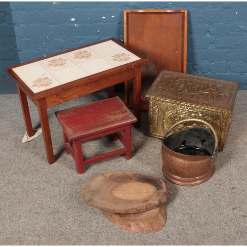 310 - Assorted Furniture a tiled coffee table and smaller wooden painted table as well as a coal scuttle a... 