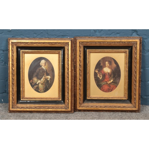 365 - A pair of gilt framed portrait prints depicting noble man and woman. Approx. dimensions including fr... 