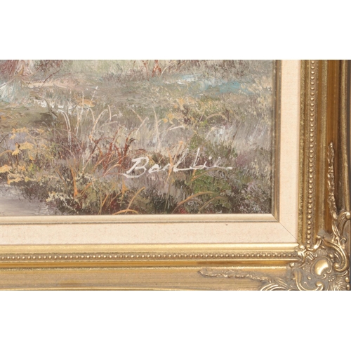 366 - A gilt framed oils on canvas one depicting cottage by a river, signed Baillie to lower right. Approx... 