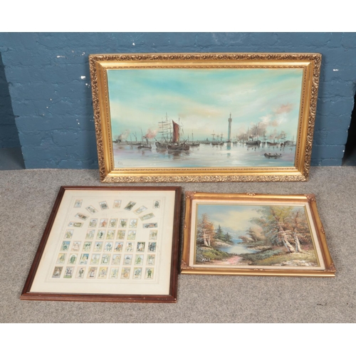 367 - P.Gill gilt framed oil on canvas depicting woodland river scene along with framed John Player & Sons... 