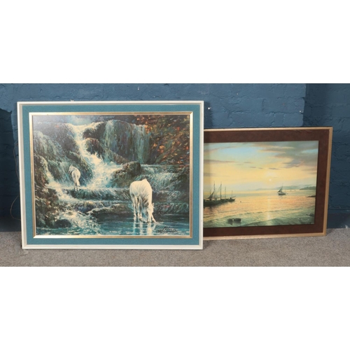 369 - Two large mounted prints depicting fishing scene and horses drinking at a waterfall. Largest approx.... 