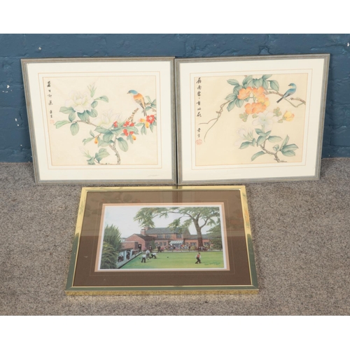 371 - A pair of oriental watercolours depicting birds along with Tom Dodson print showcasing a bowls game.