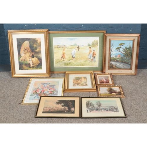 374 - A large collection of framed pictures and prints, to include coloured engravings, golfing print and ... 