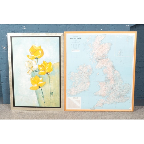 377 - A framed Bartholomew British Isles map along with Ziganot oil on canvas depicting flowers. Map appro... 