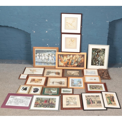 389 - A large quantity of pictures and prints. Includes wooden carved plaque depicting a fisherman, pair o... 