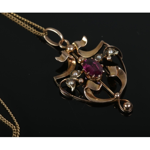 435 - An Edwardian 9ct Gold Garnet and Pearl pendant, on 9ct box link chain. Total weight: 3.8g.