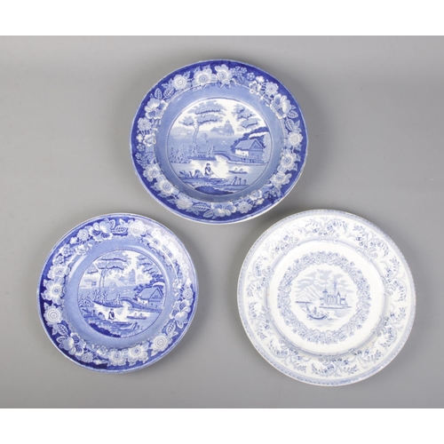 9 - Three nineteenth century blue and white Don Pottery plates, all stamped for Samuel Barker and Sons. ... 