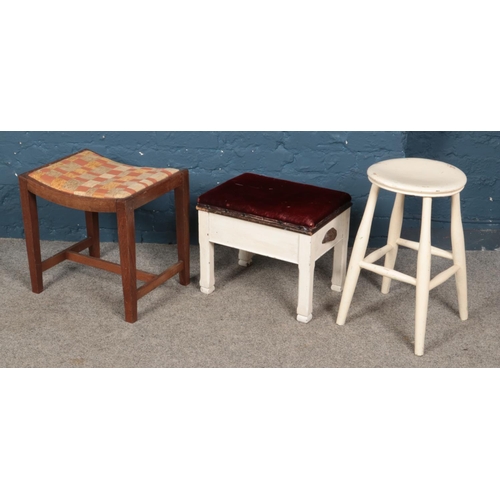 481 - Three stools. Includes piano stools and white painted turned example.