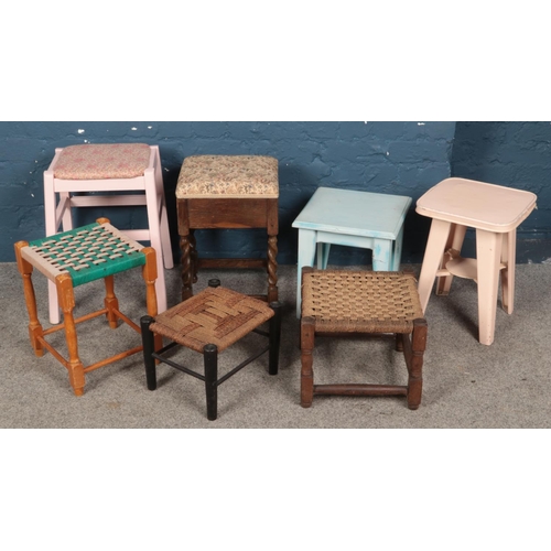 482 - A quantity of stools. Includes painted metal example, rush seat examples, etc.