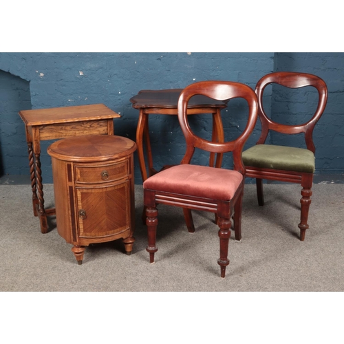 483 - A quantity of assorted furniture, to include two balloon back chairs with turned front feet, window ... 