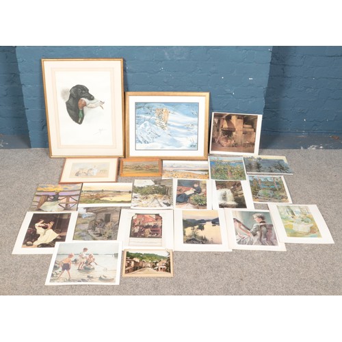 379 - A quantity of paintings and prints. Includes watercolour depicting black Labrador hunting a duck, Li... 