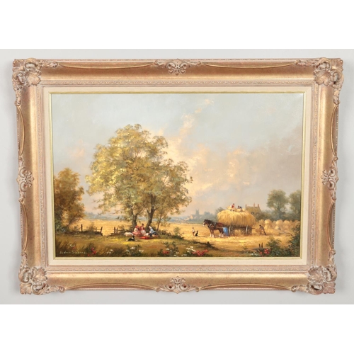 143 - Gudrun Sibbons (1925-) a gilt framed oil on canvas with a picnic and farming scene, titled Leading T... 