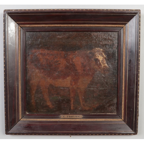 145 - Constant Troyon(1810-1865), a rosewood and parcel gilt framed oil on canvas, study of a cow. 25.5cm ... 