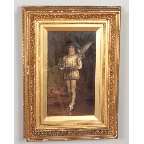 148 - A gilt framed 19th century oil on canvas behind glass, depicting a boy in period clothing carrying a... 