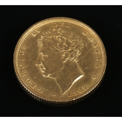 140 - A George IV full sovereign, dated 1827. Bare head portrait with crowned shield to reverse.