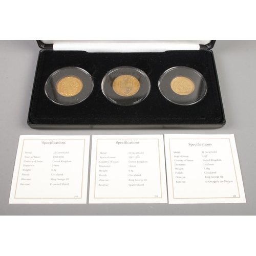 141 - A George III gold coin set, comprising of 1782 rose shield guinea, 1793 spade shield guinea and 1817... 