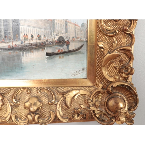 152 - H Carnier, a pair of 19th century ornate gilt framed oil on board, Venetian landscapes. 25.5cm x 20c... 