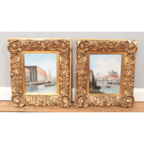 152 - H Carnier, a pair of 19th century ornate gilt framed oil on board, Venetian landscapes. 25.5cm x 20c... 