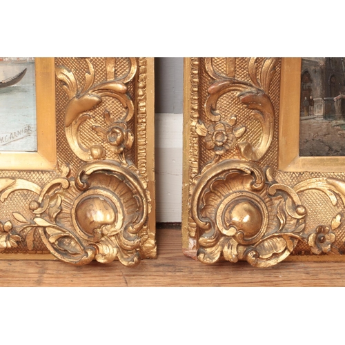 152 - H Carnier, a pair of 19th century ornate gilt framed oil on board, Venetian landscapes. 25.5cm x 20c... 